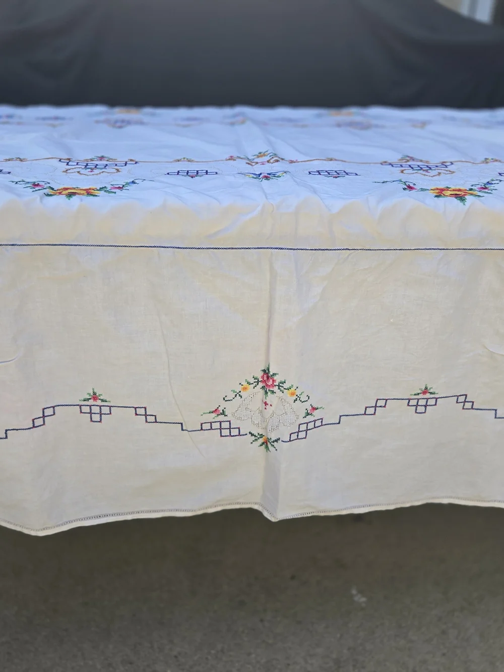 Vintage Cream Tablecloth with Multicolor Floral Embroidery